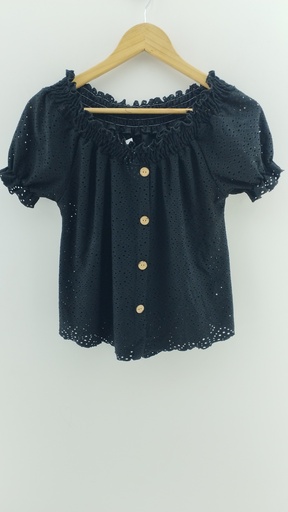 [P04742-3] Blusa negra mangas princesa botones marrónes T:M
