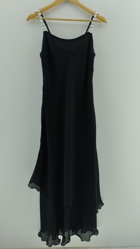 [P04870-13] Vestido negro largo tiras flores plateadas T:2